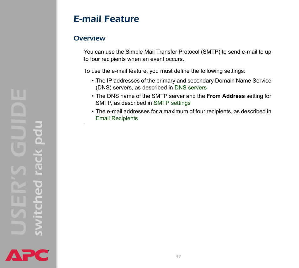 E-mail feature, Overview, User ’s guide | Switched rack pdu | APC Switched Rack Power Distribution Unit (PDU) User Manual | Page 51 / 93