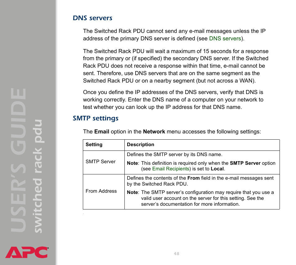 Dns servers, Smtp settings, User ’s guide | Switched rack pdu | APC Switched Rack Power Distribution Unit (PDU) User Manual | Page 52 / 93