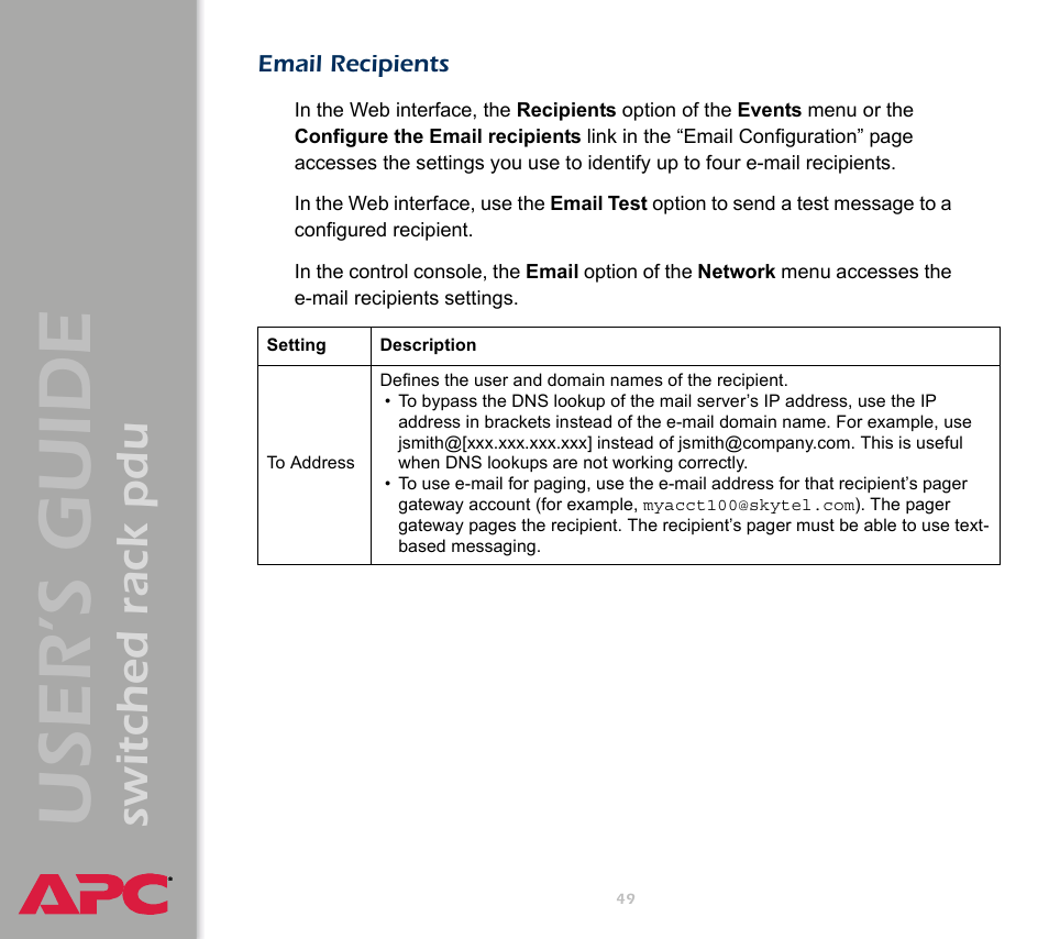 Email recipients, User ’s guide, Switched rack pdu | APC Switched Rack Power Distribution Unit (PDU) User Manual | Page 53 / 93