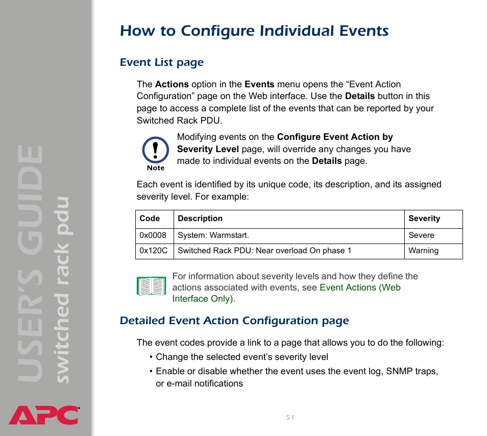 How to configure individual events, How to, Configure individual events | Event, Click, User ’s guide, Switched rack pdu | APC Switched Rack Power Distribution Unit (PDU) User Manual | Page 55 / 93
