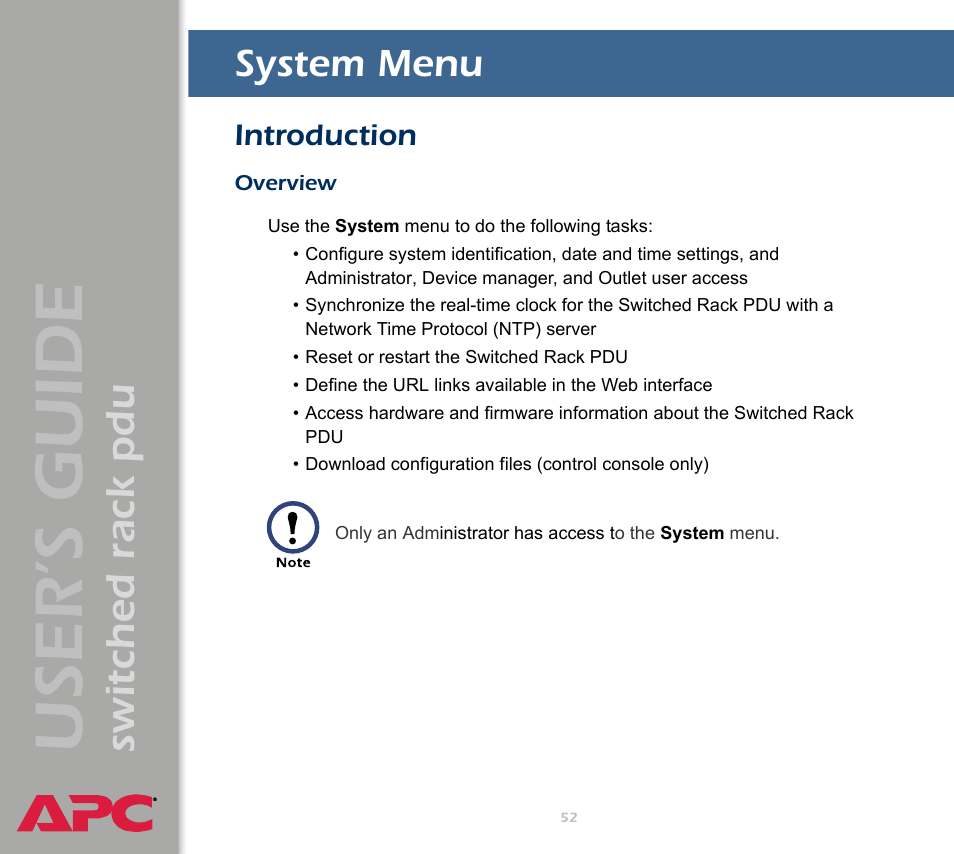 System menu, Introduction, Overview | User ’s guide, Switched rack pdu | APC Switched Rack Power Distribution Unit (PDU) User Manual | Page 56 / 93
