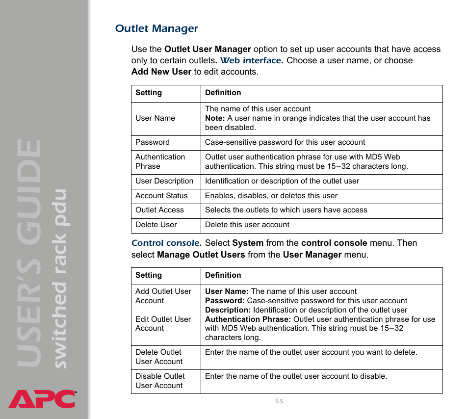 Outlet manager, User ’s guide, Switched rack pdu | APC Switched Rack Power Distribution Unit (PDU) User Manual | Page 59 / 93