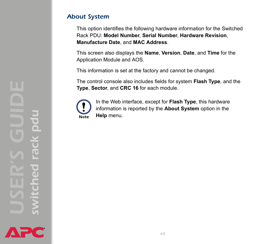 About system, User ’s guide, Switched rack pdu | APC Switched Rack Power Distribution Unit (PDU) User Manual | Page 64 / 93