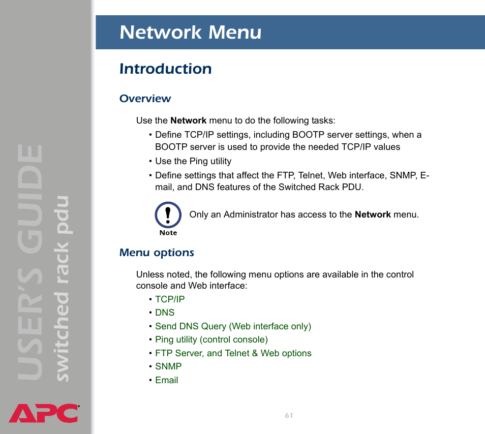 Network menu, Introduction, Overview | Menu options, User ’s guide, Switched rack pdu | APC Switched Rack Power Distribution Unit (PDU) User Manual | Page 65 / 93