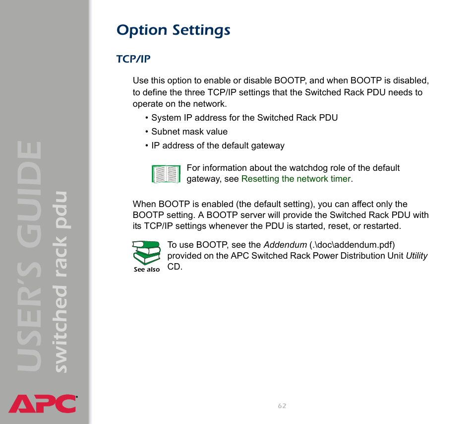 Option settings, Tcp/ip, User ’s guide | Switched rack pdu | APC Switched Rack Power Distribution Unit (PDU) User Manual | Page 66 / 93