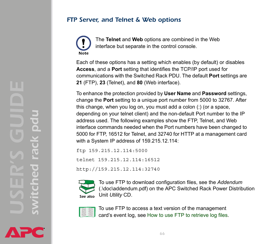 Ftp server, and telnet & web options, Ftp server, and telnet & web, Options | User ’s guide, Switched rack pdu | APC Switched Rack Power Distribution Unit (PDU) User Manual | Page 70 / 93