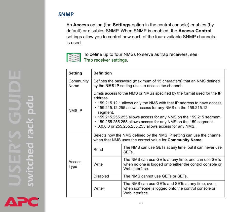 Snmp, User ’s guide, Switched rack pdu | APC Switched Rack Power Distribution Unit (PDU) User Manual | Page 71 / 93