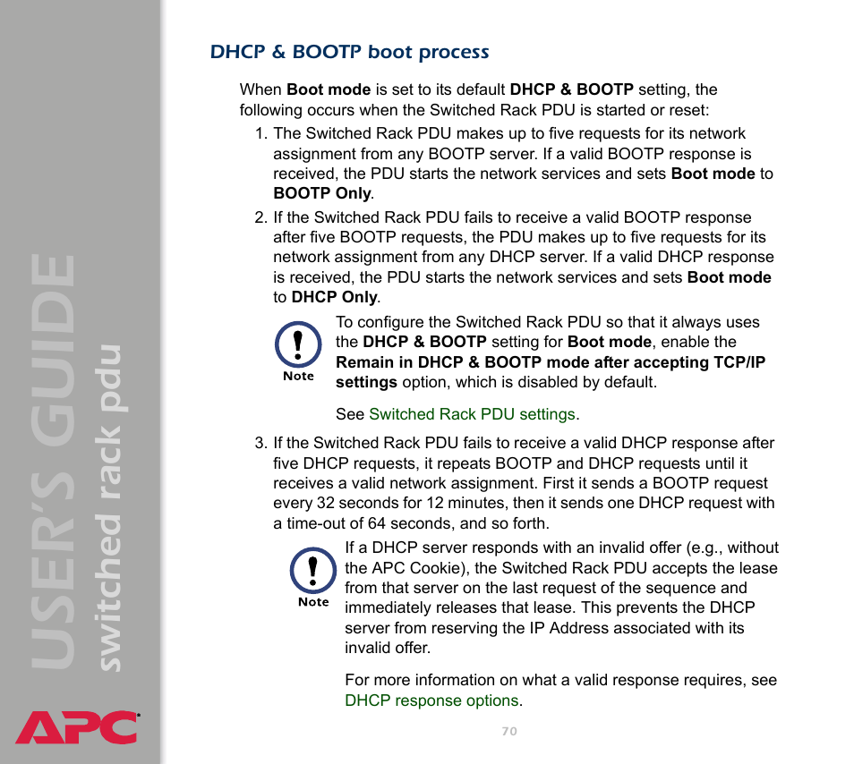 Dhcp & bootp boot process, User ’s guide, Switched rack pdu | APC Switched Rack Power Distribution Unit (PDU) User Manual | Page 74 / 93