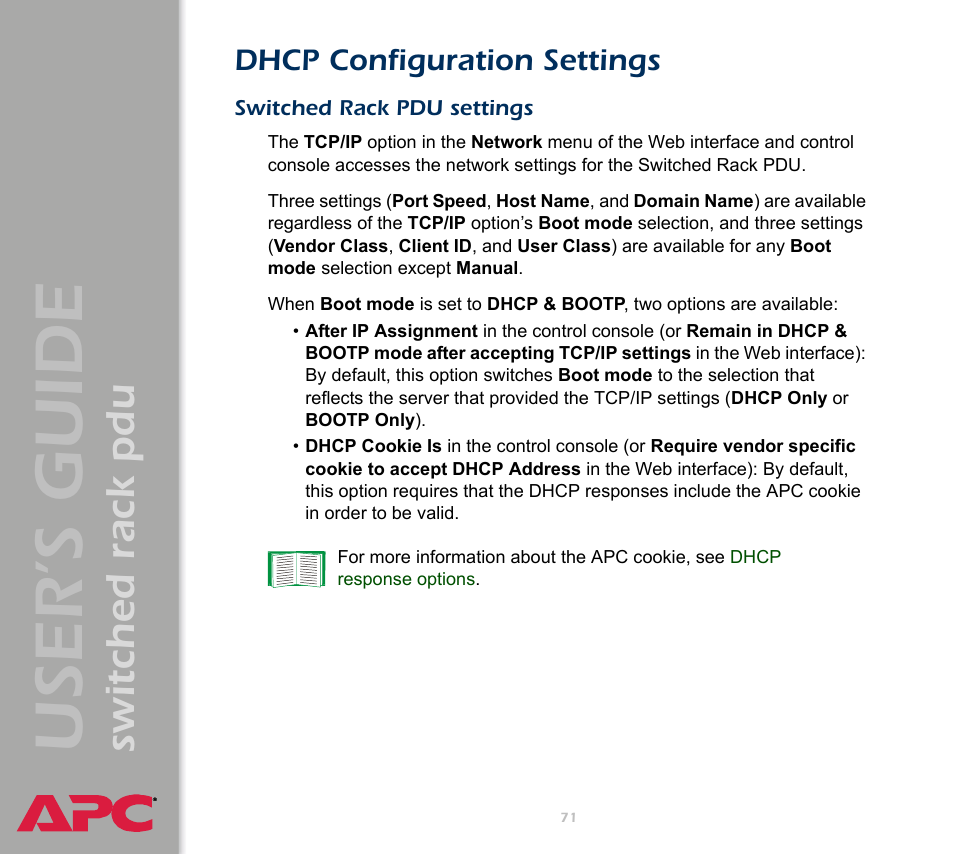 Dhcp configuration settings, Switched rack pdu settings, User ’s guide | Switched rack pdu | APC Switched Rack Power Distribution Unit (PDU) User Manual | Page 75 / 93