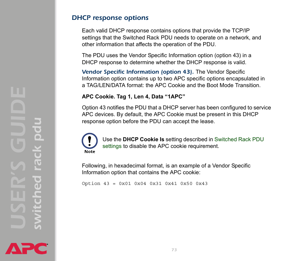 Dhcp response options, Dhcp, Response options | User ’s guide, Switched rack pdu | APC Switched Rack Power Distribution Unit (PDU) User Manual | Page 77 / 93