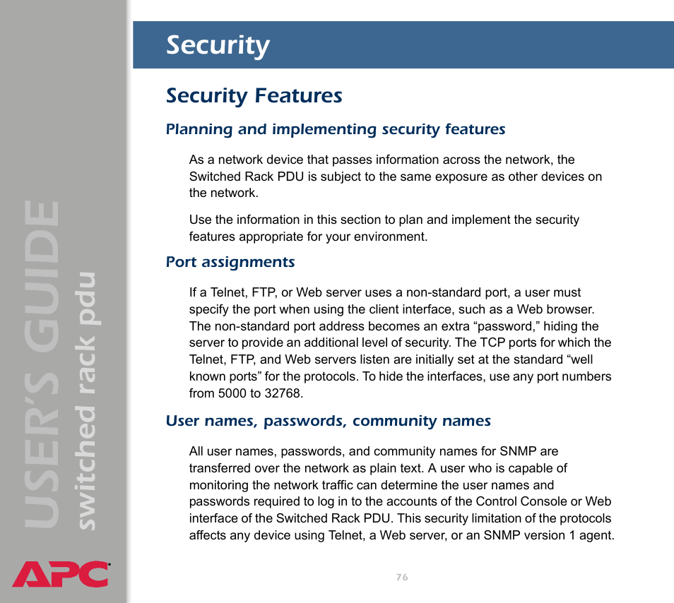 Security, Security features, Planning and implementing security features | Port assignments, User names, passwords, community names, User ’s guide, Switched rack pdu | APC Switched Rack Power Distribution Unit (PDU) User Manual | Page 80 / 93