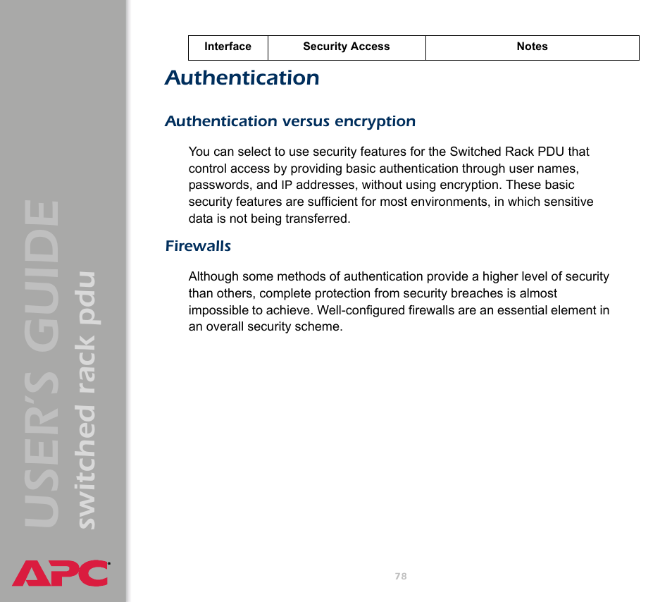 Authentication, Authentication versus encryption, Firewalls | User ’s guide, Switched rack pdu | APC Switched Rack Power Distribution Unit (PDU) User Manual | Page 82 / 93