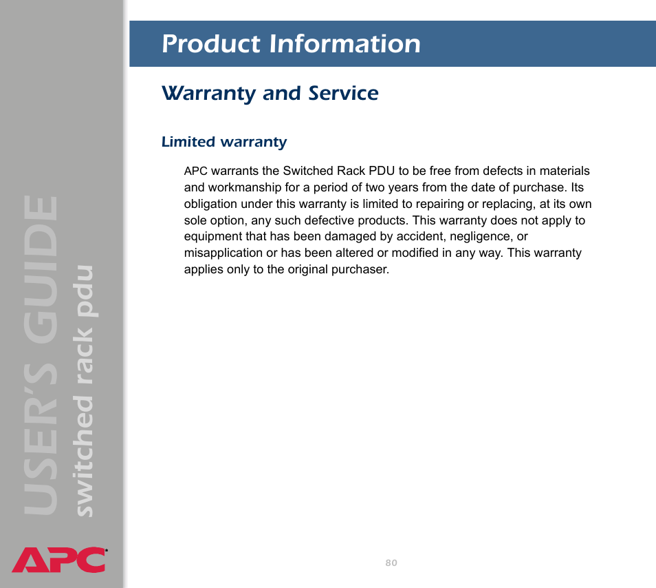 Product information, Warranty and service, Limited warranty | User ’s guide, Switched rack pdu | APC Switched Rack Power Distribution Unit (PDU) User Manual | Page 84 / 93