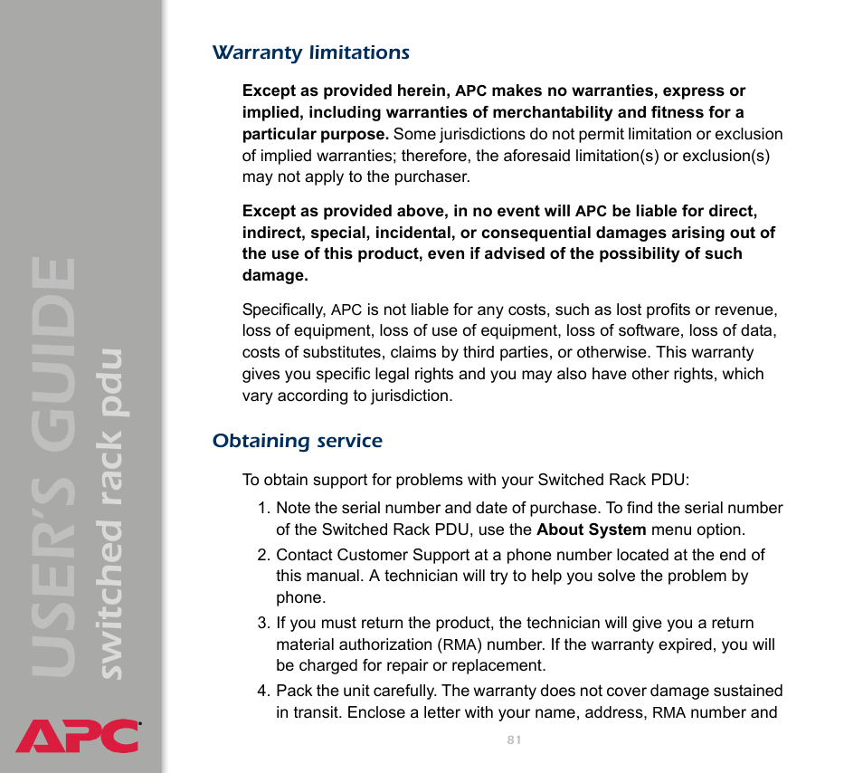 Warranty limitations, Obtaining service, User ’s guide | Switched rack pdu | APC Switched Rack Power Distribution Unit (PDU) User Manual | Page 85 / 93