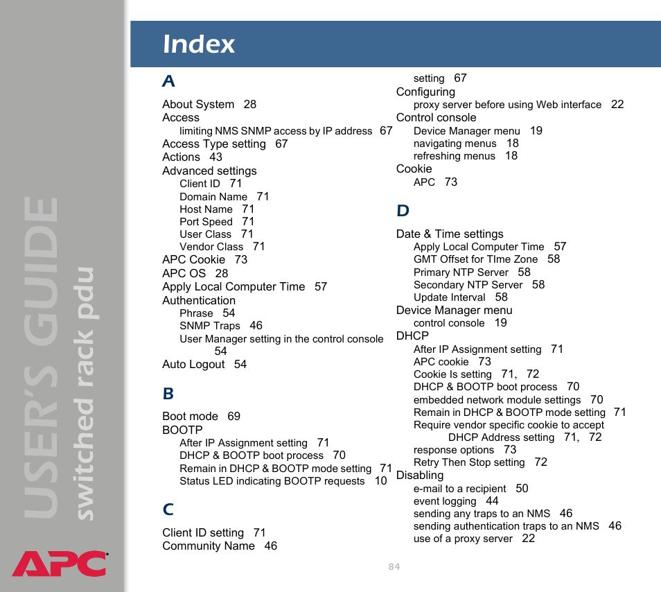 Index, User ’s guide, Switched rack pdu | APC Switched Rack Power Distribution Unit (PDU) User Manual | Page 88 / 93