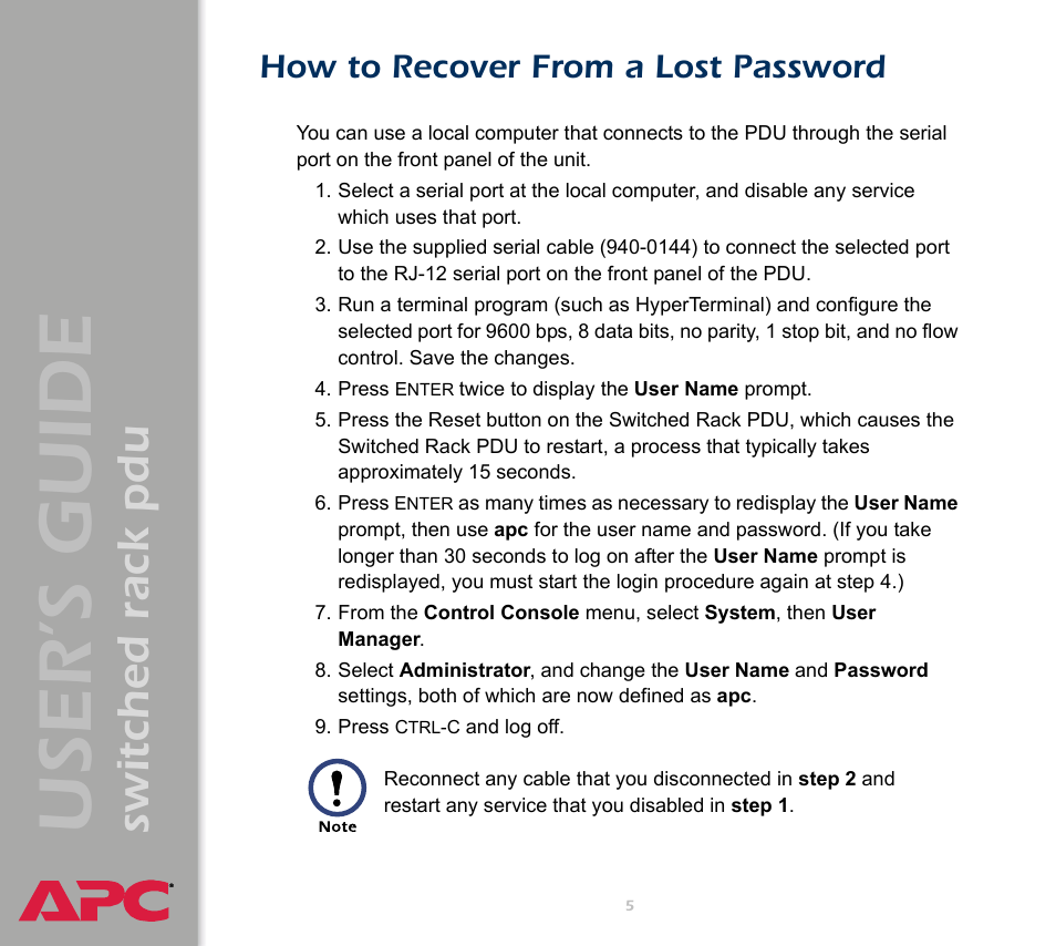 How to recover from a lost password, User ’s guide, Switched rack pdu | APC Switched Rack Power Distribution Unit (PDU) User Manual | Page 9 / 93
