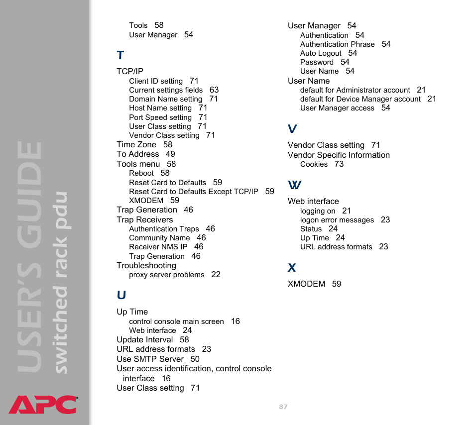 User ’s guide, Switched rack pdu | APC Switched Rack Power Distribution Unit (PDU) User Manual | Page 91 / 93