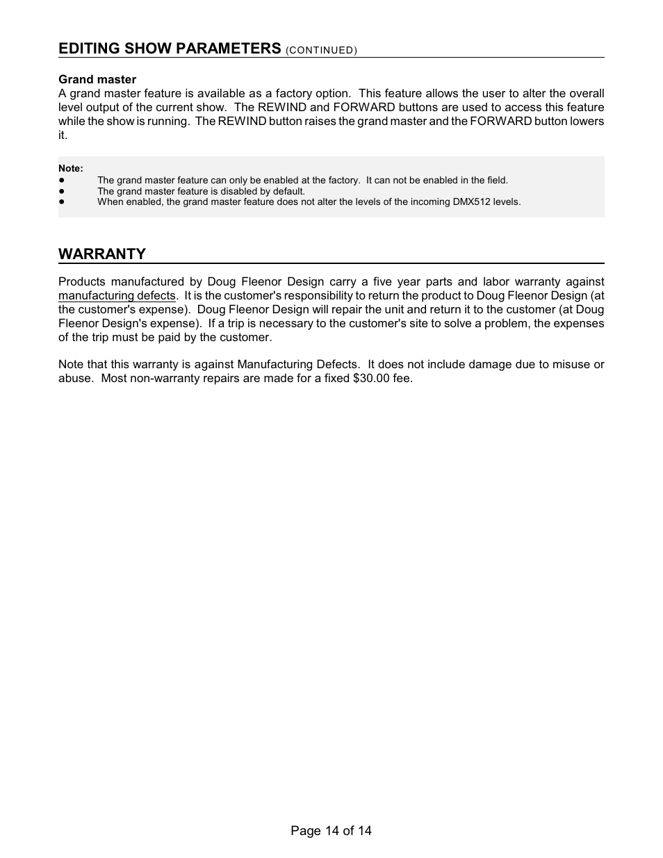 Editing show parameters, Warranty | Doug Fleenor Design RERUN-R User Manual | Page 14 / 14