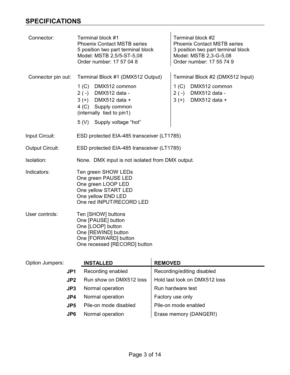 Specifications | Doug Fleenor Design RERUN-R User Manual | Page 3 / 14