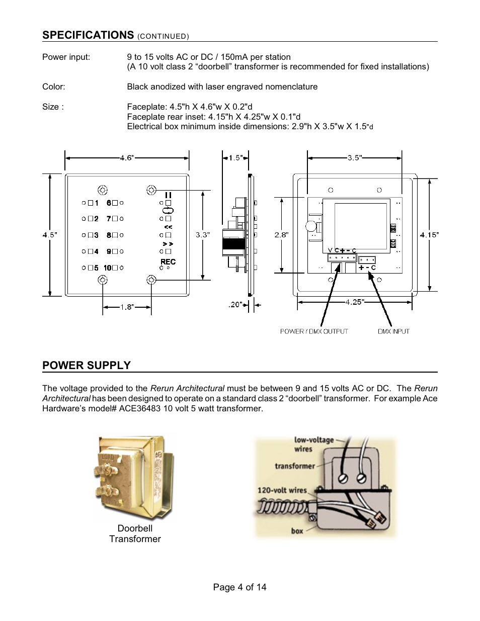 Specifications, Power supply | Doug Fleenor Design RERUN-R User Manual | Page 4 / 14