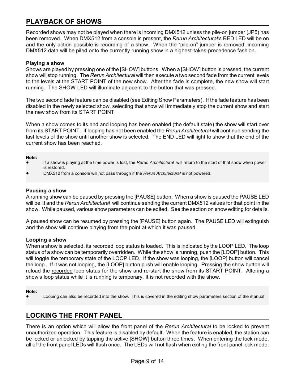 Playback of shows, Locking the front panel | Doug Fleenor Design RERUN-R User Manual | Page 9 / 14