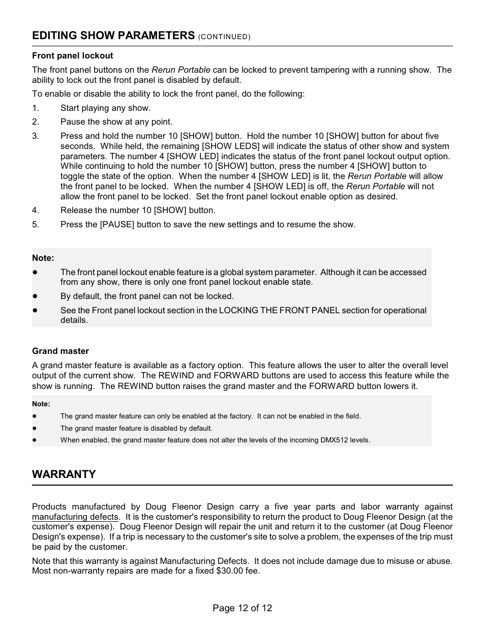 Editing show parameters, Warranty | Doug Fleenor Design RERUN-P User Manual | Page 12 / 12