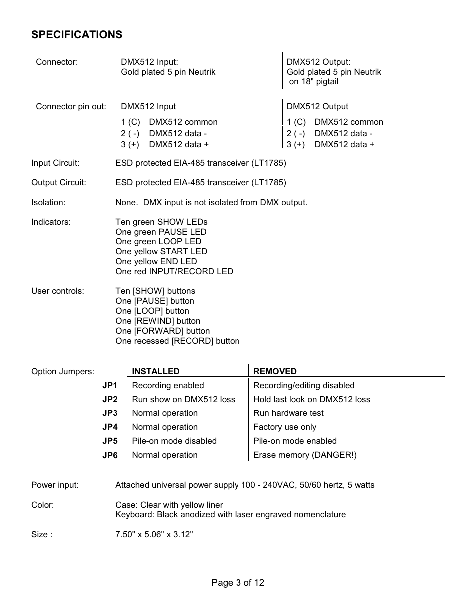 Specifications | Doug Fleenor Design RERUN-P User Manual | Page 3 / 12