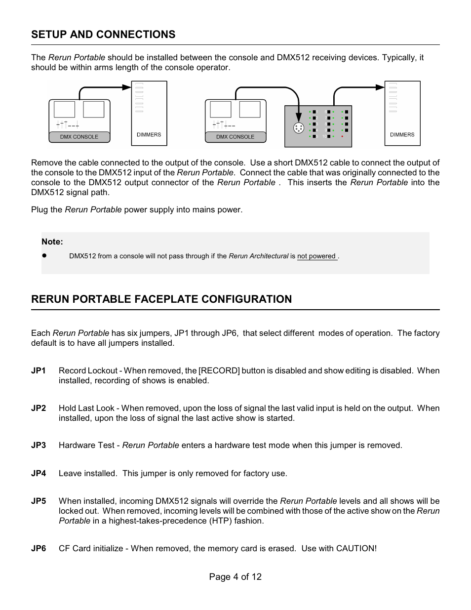 Setup and connections, Rerun portable faceplate configuration | Doug Fleenor Design RERUN-P User Manual | Page 4 / 12