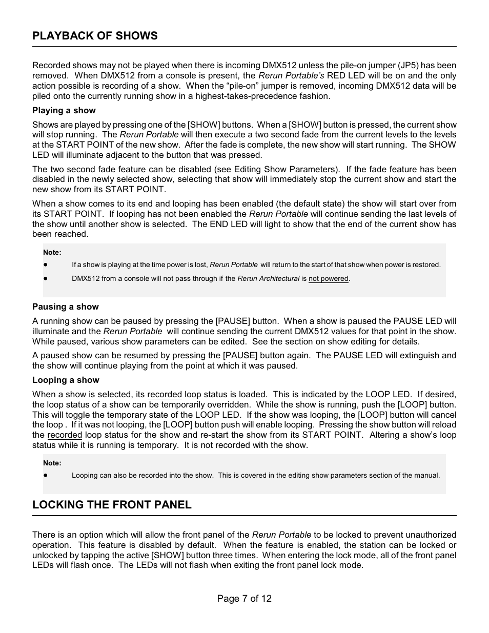 Playback of shows, Locking the front panel | Doug Fleenor Design RERUN-P User Manual | Page 7 / 12