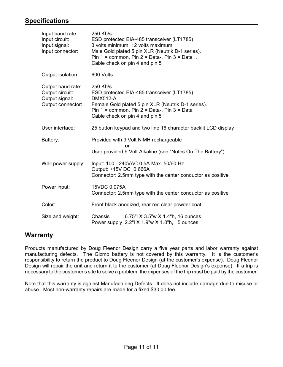 Specifications, Warranty | Doug Fleenor Design GIZMO Manual User Manual | Page 11 / 11