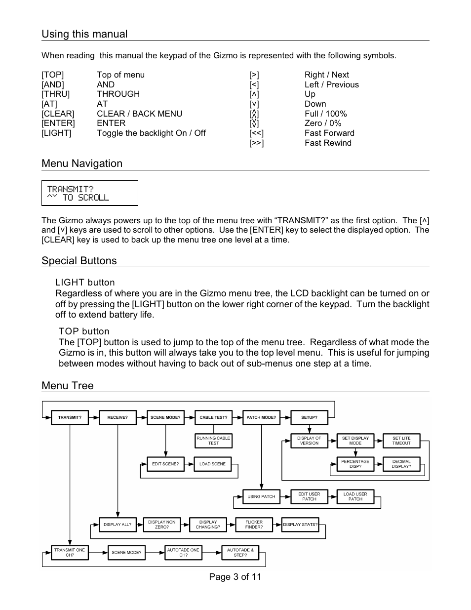 Using this manual, Menu navigation, Special buttons | Menu tree | Doug Fleenor Design GIZMO Manual User Manual | Page 3 / 11