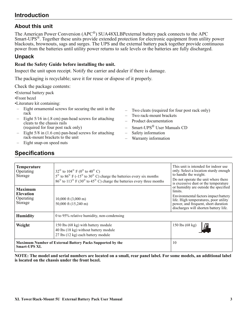 Introduction, Specifications, About this unit | Unpack | APC SMART-UPS XL SUA48XLBP User Manual | Page 3 / 9