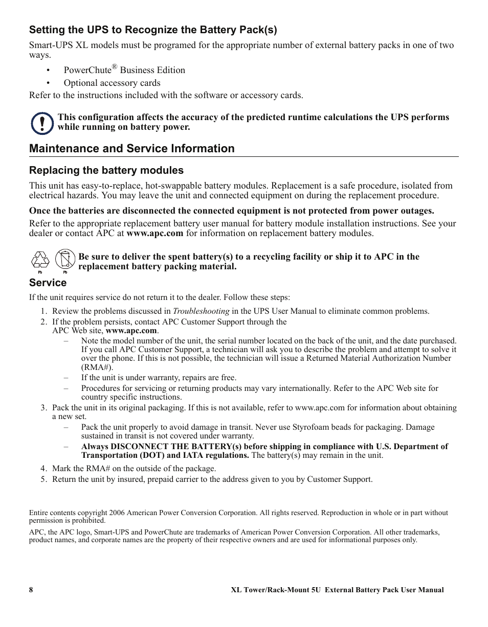 Maintenance and service information | APC SMART-UPS XL SUA48XLBP User Manual | Page 8 / 9