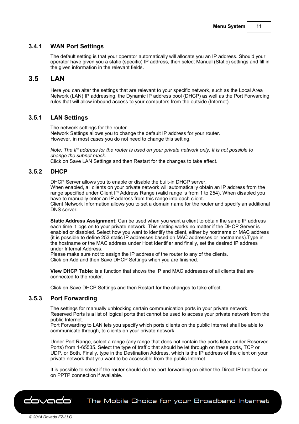 1 wan port settings, 5 lan, 1 lan settings | 2 dhcp, 3 port forwarding | Dovado TINY User Manual | Page 11 / 46