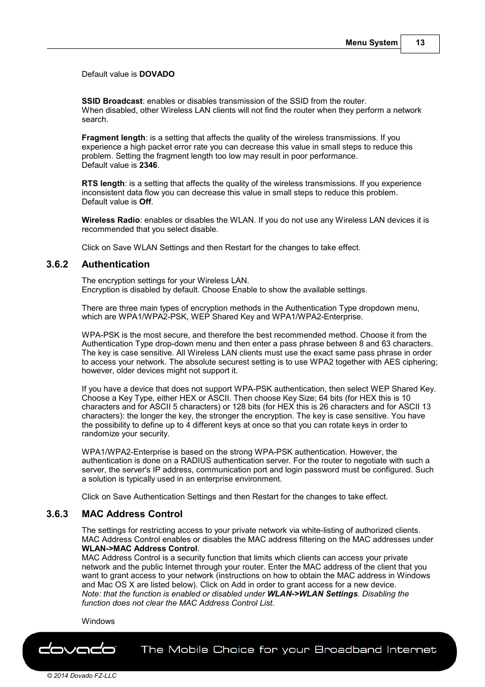 2 authentication, 3 mac address control | Dovado TINY User Manual | Page 13 / 46