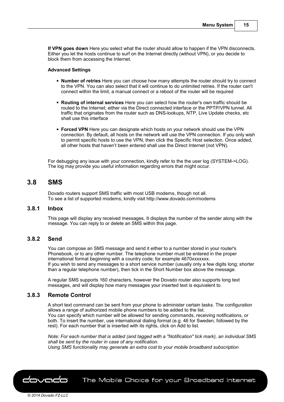 8 sms, 1 inbox, 2 send | 3 remote control | Dovado TINY User Manual | Page 15 / 46