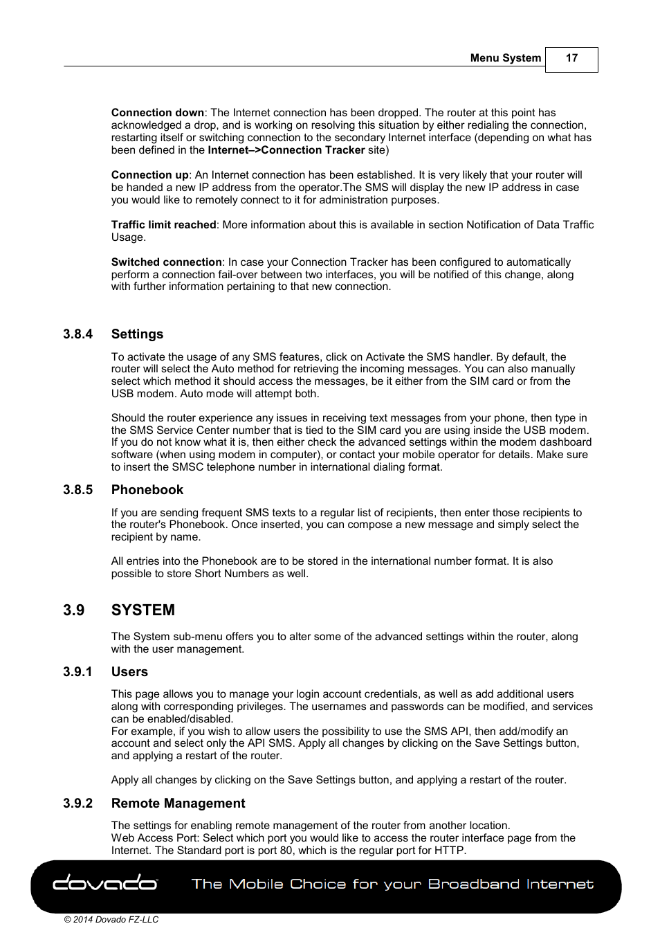 4 settings, 5 phonebook, 9 system | 1 users, 2 remote management, System | Dovado TINY User Manual | Page 17 / 46