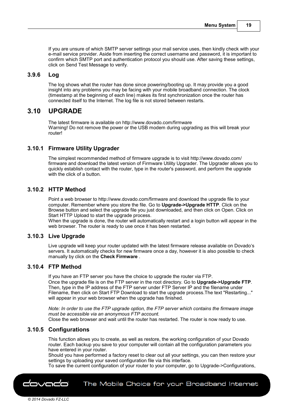 6 log, 10 upgrade, 1 firmware utility upgrader | 2 http method, 3 live upgrade, 4 ftp method, 5 configurations, Upgrade | Dovado TINY User Manual | Page 19 / 46