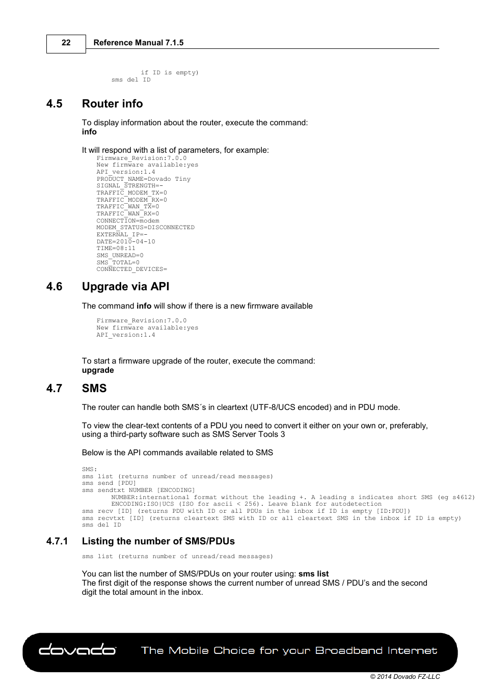 5 router info, 6 upgrade via api, 7 sms | 1 listing the number of sms/pdus, Router info, Upgrade via api | Dovado TINY User Manual | Page 22 / 46