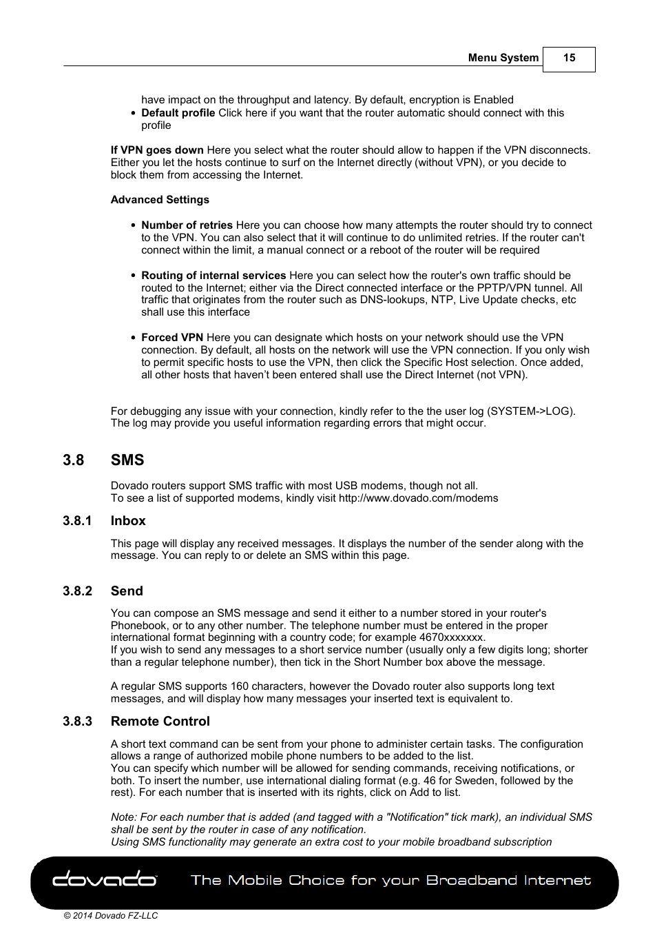 8 sms, 1 inbox, 2 send | 3 remote control | Dovado PRO User Manual | Page 15 / 50