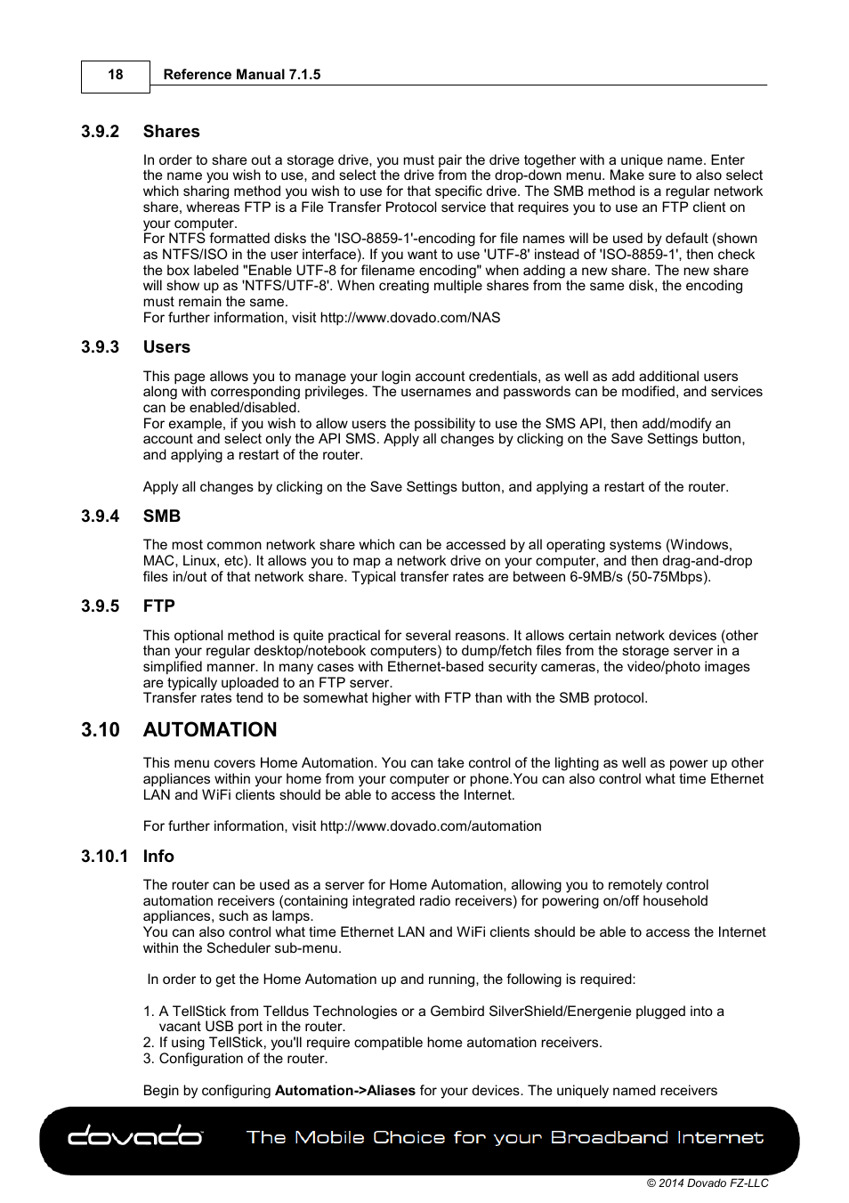 2 shares, 3 users, 4 smb | 5 ftp, 10 automation, 1 info, Automation | Dovado PRO User Manual | Page 18 / 50