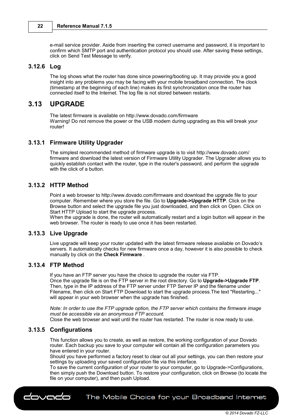 6 log, 13 upgrade, 1 firmware utility upgrader | 2 http method, 3 live upgrade, 4 ftp method, 5 configurations, Upgrade | Dovado PRO User Manual | Page 22 / 50