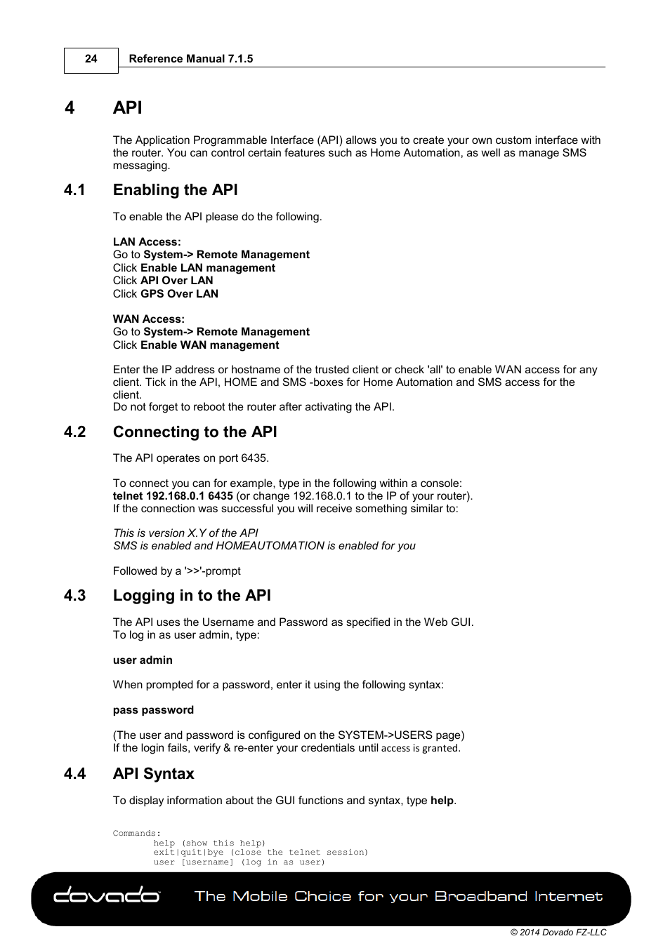 4 api, 1 enabling the api, 2 connecting to the api | 3 logging in to the api, 4 api syntax, Part 4, Enabling the api, Connecting to the api, Logging in to the api, Api syntax | Dovado PRO User Manual | Page 24 / 50