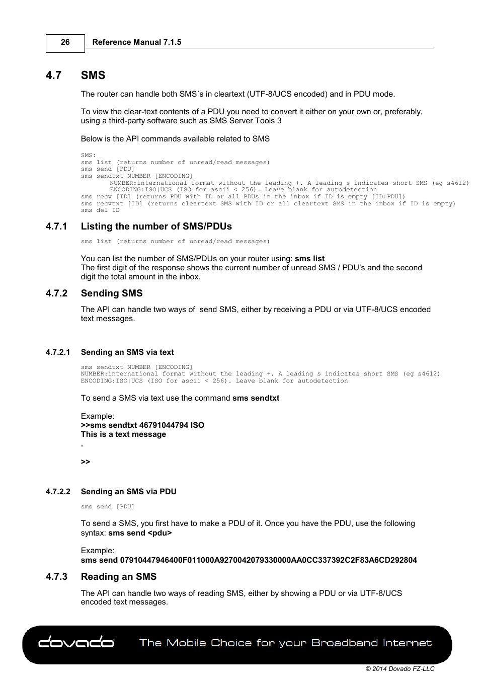 7 sms, 1 listing the number of sms/pdus, 2 sending sms | 1 sending an sms via text, 2 sending an sms via pdu, 3 reading an sms | Dovado PRO User Manual | Page 26 / 50