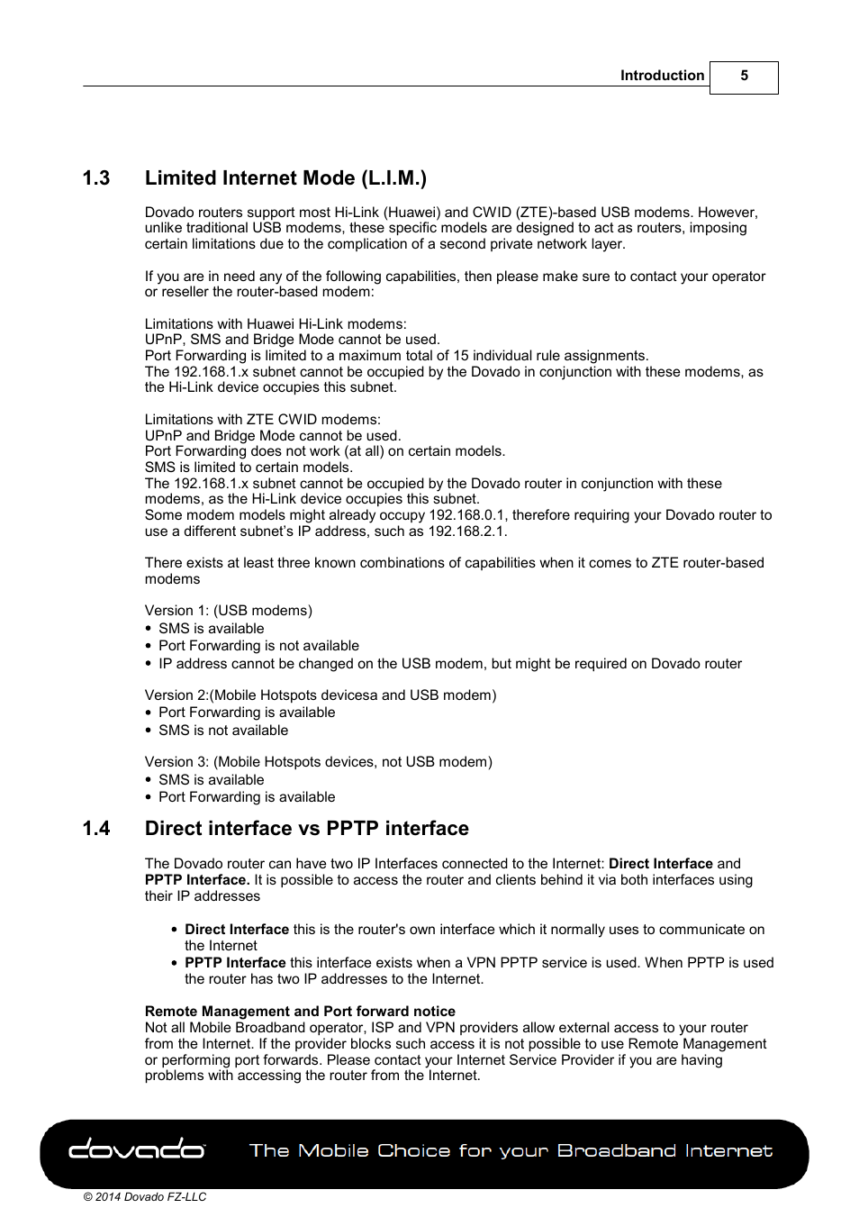 3 limited internet mode (l.i.m.), 4 direct interface vs pptp interface, Limited internet mode (l.i.m.) | Direct interface vs pptp interface | Dovado PRO User Manual | Page 5 / 50