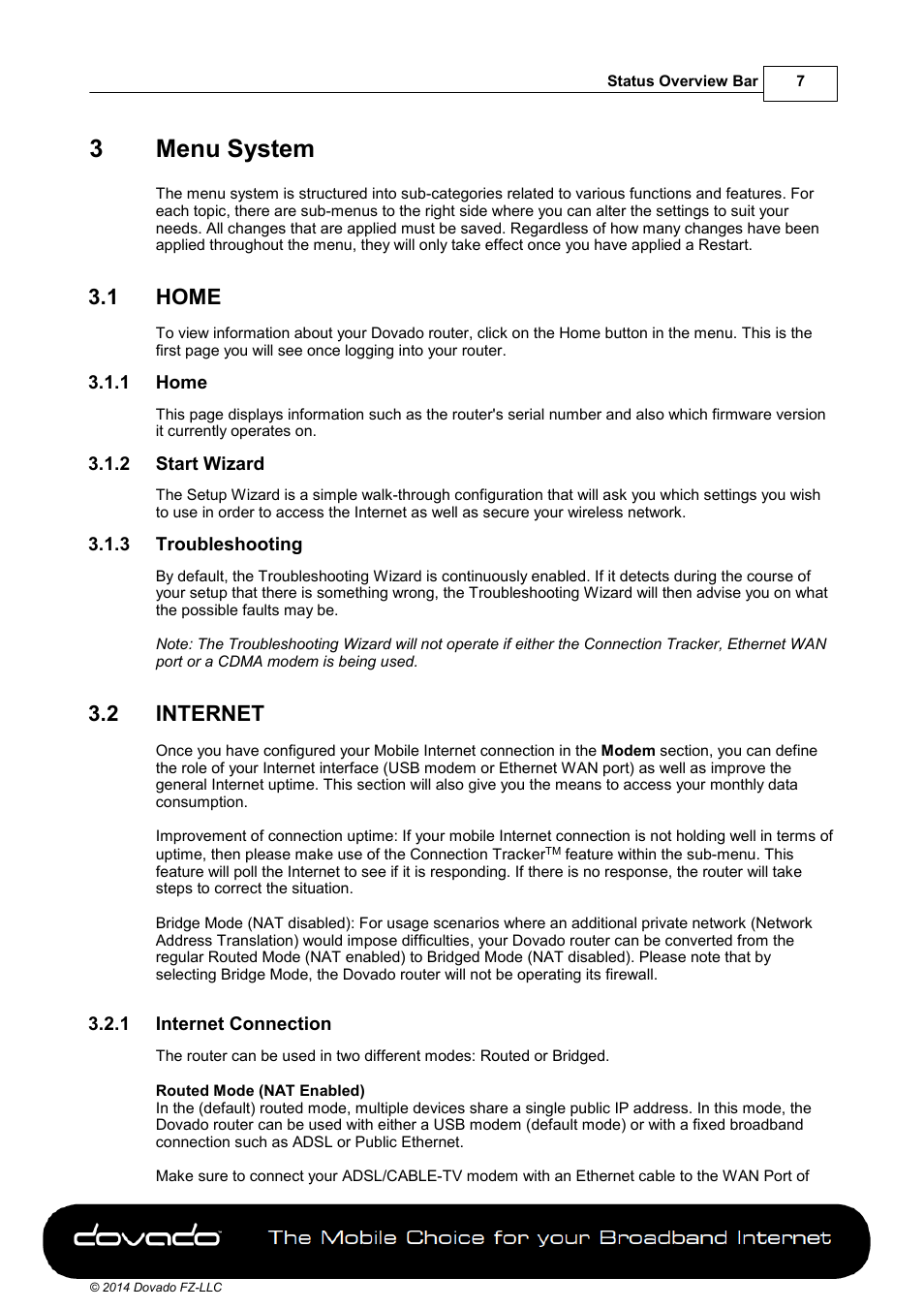 3 menu system, 1 home, 2 start wizard | 3 troubleshooting, 2 internet, 1 internet connection, Part 3, Menu system, Home, Internet | Dovado PRO User Manual | Page 7 / 50