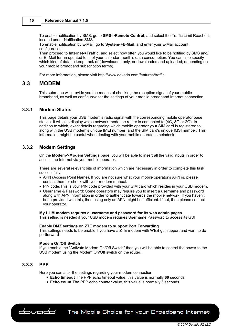 3 modem, 1 modem status, 2 modem settings | 3 ppp, Modem | Dovado GO User Manual | Page 10 / 46