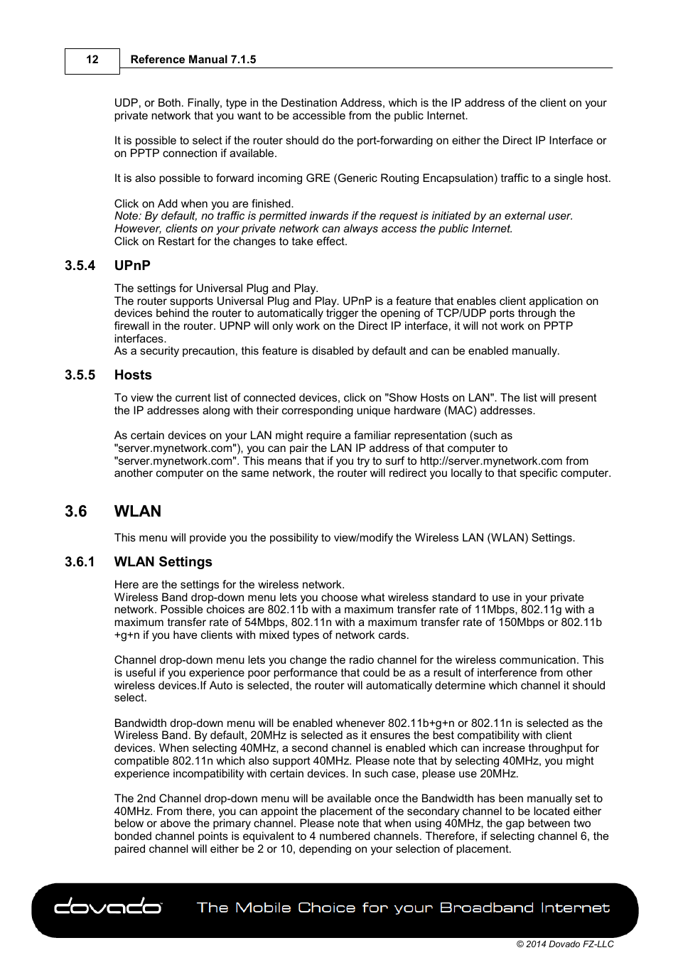 4 upnp, 5 hosts, 6 wlan | 1 wlan settings, Wlan | Dovado GO User Manual | Page 12 / 46