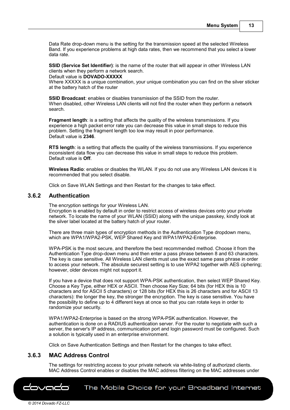 2 authentication, 3 mac address control | Dovado GO User Manual | Page 13 / 46