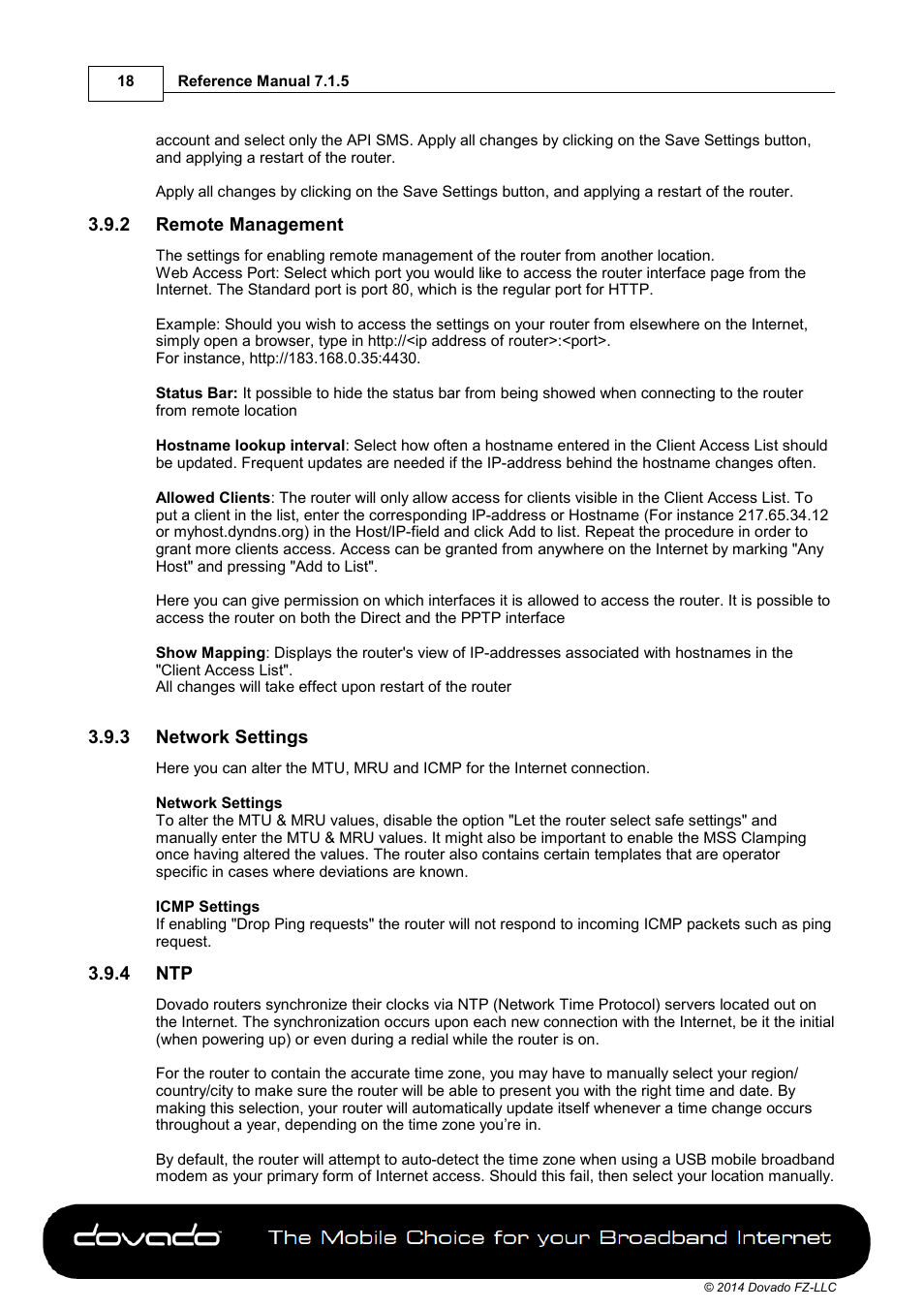 2 remote management, 3 network settings, 4 ntp | Dovado GO User Manual | Page 18 / 46